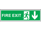 Fire exit arrow down symbol and text safety sign.