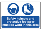 Safety helmets and protective footwear must be worn sign