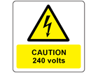 Caution 240 volts symbol and text safety label.