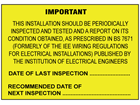 Installation inspection BS 7671 label