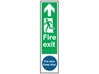 Fire exit, running man left, arrow ahead. Fire door keep shut sign.