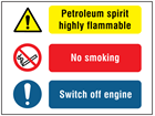 Petroleum spirit highly flammable, No smoking, Switch off engine safety sign.