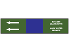 Mains water service, text and flow arrows pipeline banding labels.