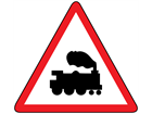 Level crossing without barrier ahead sign