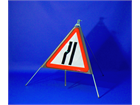 Road ahead narrows on left (nearside) roll up road sign