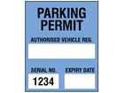 Parking permit label, blue background, serial number