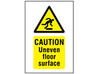 Caution Uneven floor surface symbol and text safety sign.