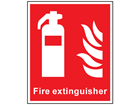 Fire extinguisher symbol and text safety sign.