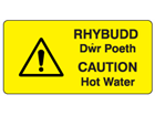 Rhybudd dwr poeth, Caution hot water. Welsh English sign.