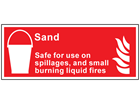 Sand Safe for spillages and small burning liquid fires symbol and text safety sign.