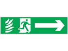 Fire exit, running man plus arrow right, mini safety sign.