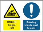 Danger Fragile roof, Crawling boards must be used safety sign.