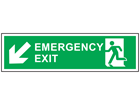 Emergency exit arrow diagonal down-left symbol and text safety sign.