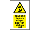 Rhybudd Gwyliwch eich pen, Caution Mind your head. Welsh English sign.