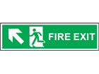 Fire exit arrow diagonal up-left symbol and text safety sign.