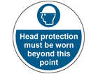 Head protection must be worn beyond this point symbol and text floor graphic marker.