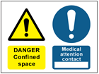 Danger confined space, medical attention contact safety sign.