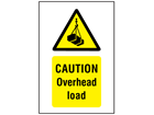 Caution Overhead load symbol and text safety sign.