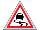 Slippery road roll up road sign