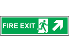 Fire exit arrow diagonal up-right symbol and text safety sign.