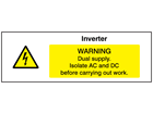 Inverter. Warning dual supply wind turbine hazard label