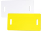 Slotted plastic tag for strapping.