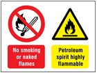 No smoking or naked flames, Petroleum spirit highly flammable safety sign.