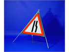 Road ahead narrows on right (offside) roll up road sign