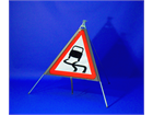 Slippery road roll up road sign