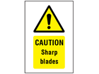 Caution Sharp blades symbol and text safety sign.