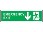 Emergency exit arrow down symbol and text safety sign.
