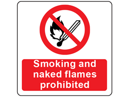 Smoking and naked flames prohibited symbol and text safety label.
