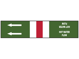 Hot water flow, text and flow arrows pipeline banding labels.