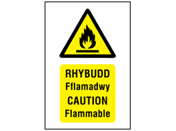 Rhybudd Fflamadwy, Caution Flammable. Welsh English sign.