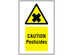 Caution pesticides symbol and text safety sign.