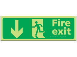 Fire exit arrow down photoluminescent sign.