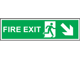 Fire exit arrow diagonal down-right symbol and text safety sign.