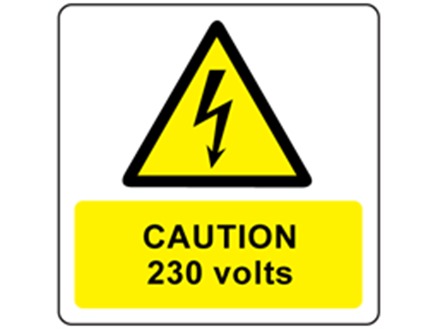 Caution 230 volts symbol and text safety label.