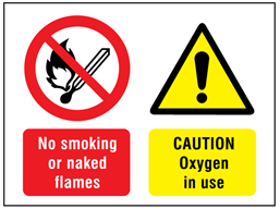 No smoking or naked flames, Caution oxygen in use safety sign.