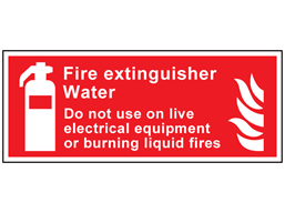Fire extinguisher water, Do not use on live electrical equipment or burning liquid fires symbol and text sign.