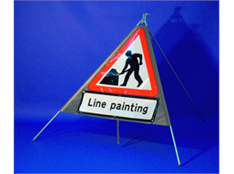 Men at work, line painting roll up road sign