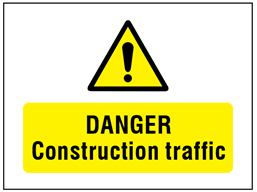 Danger Construction traffic symbol and text safety sign.