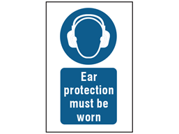 Ear protection must be worn symbol and text safety sign.