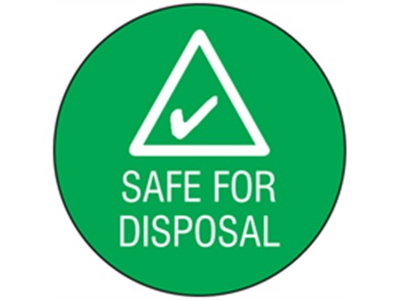 Safe for disposal symbol and text safety label.