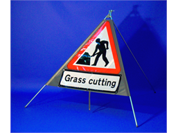 Men at work, grass cutting roll up road sign