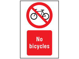 No bicycles symbol and text safety sign.