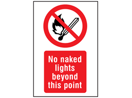 No naked lights beyond this point symbol and text safety sign.