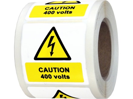 Caution 400 volts symbol and text safety label.