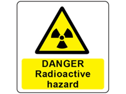 Danger radioactive hazard symbol and text safety label.