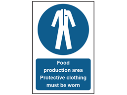 Food production area. Protective clothing must be worn safety sign.